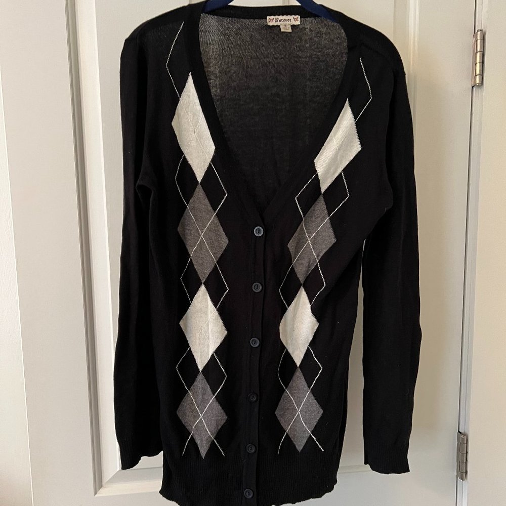 Black, White, & Grey Argyle Legging-Friendly Button Up Cardigan Sweater